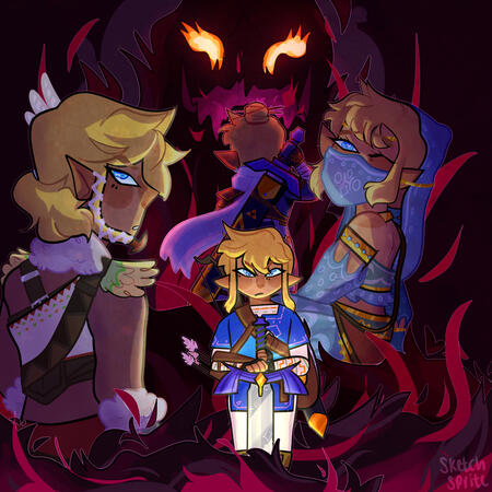 four complex half-bodies with cell shading and complex background ($42 USD)